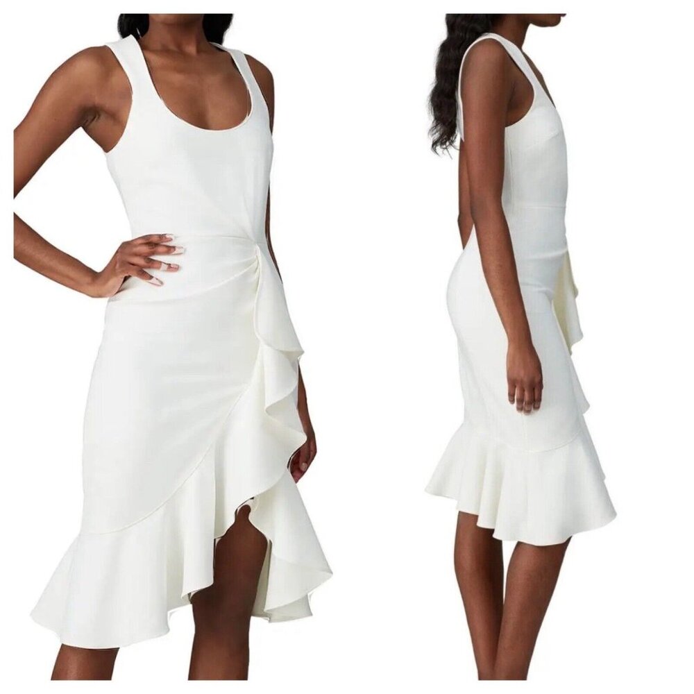 Cinq A Sept Angela Ivory Ruffled Midi Sheath Dress Womens sz 6 Bridal Cocktail